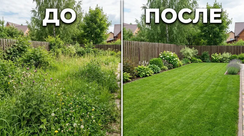 Покос травы Гродно до и после: слева заросший участок, справа ухоженный газон